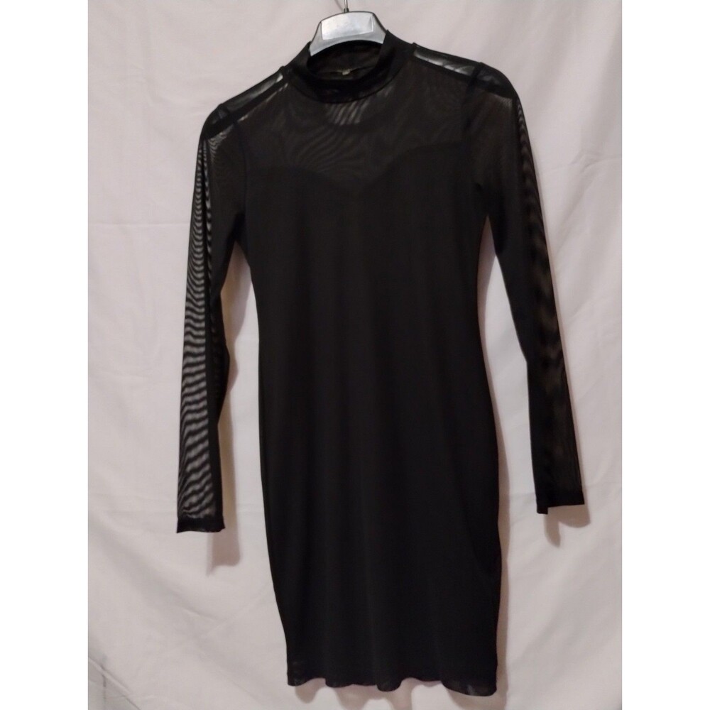 Shinestar Women’s M Black Sheer Mesh Mock Neck Long Sleeve Bodycon Mini Dress
